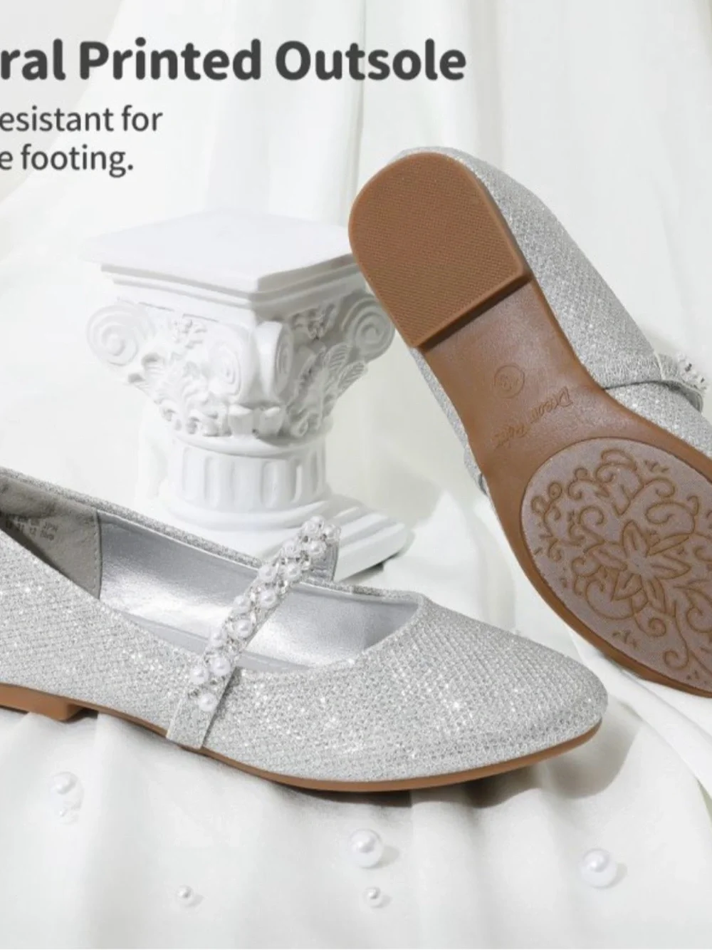 NIB DREAM PAIRS Girls Silver Glitter Pearl Mary Jane Flats